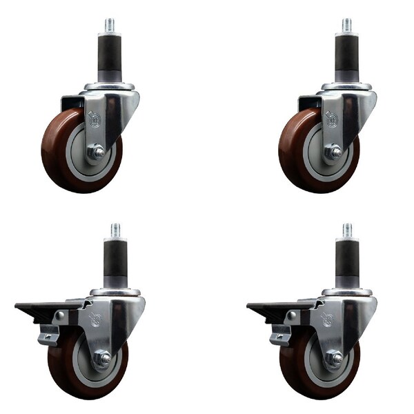 Service Caster 3.5'' Maroon Poly Wheel Swivel 1-1/4'' Expanding Stem Caster Set 2 Brakes, 4PK SCC-EX20S3514-PPUB-MRN-2-PLB-2-114 - main